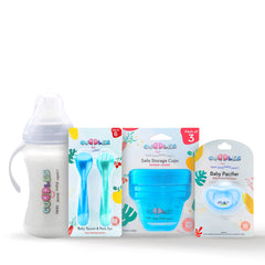 Cuddles - Baby Feeding Essential Combo Box - 260 ml Feeding Bottle + Pack of 3 Storage Cups + Pack of 6 Spoon & Fork Set +Baby Pacifier